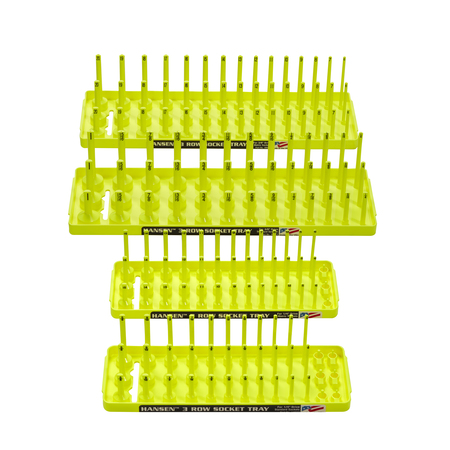 HANSEN Metric and Fractional 3 Row Socket Tray Set for 1/4" and 3/8" Drive Sockets, Hi-Viz Yellow, 4 Pieces 92006